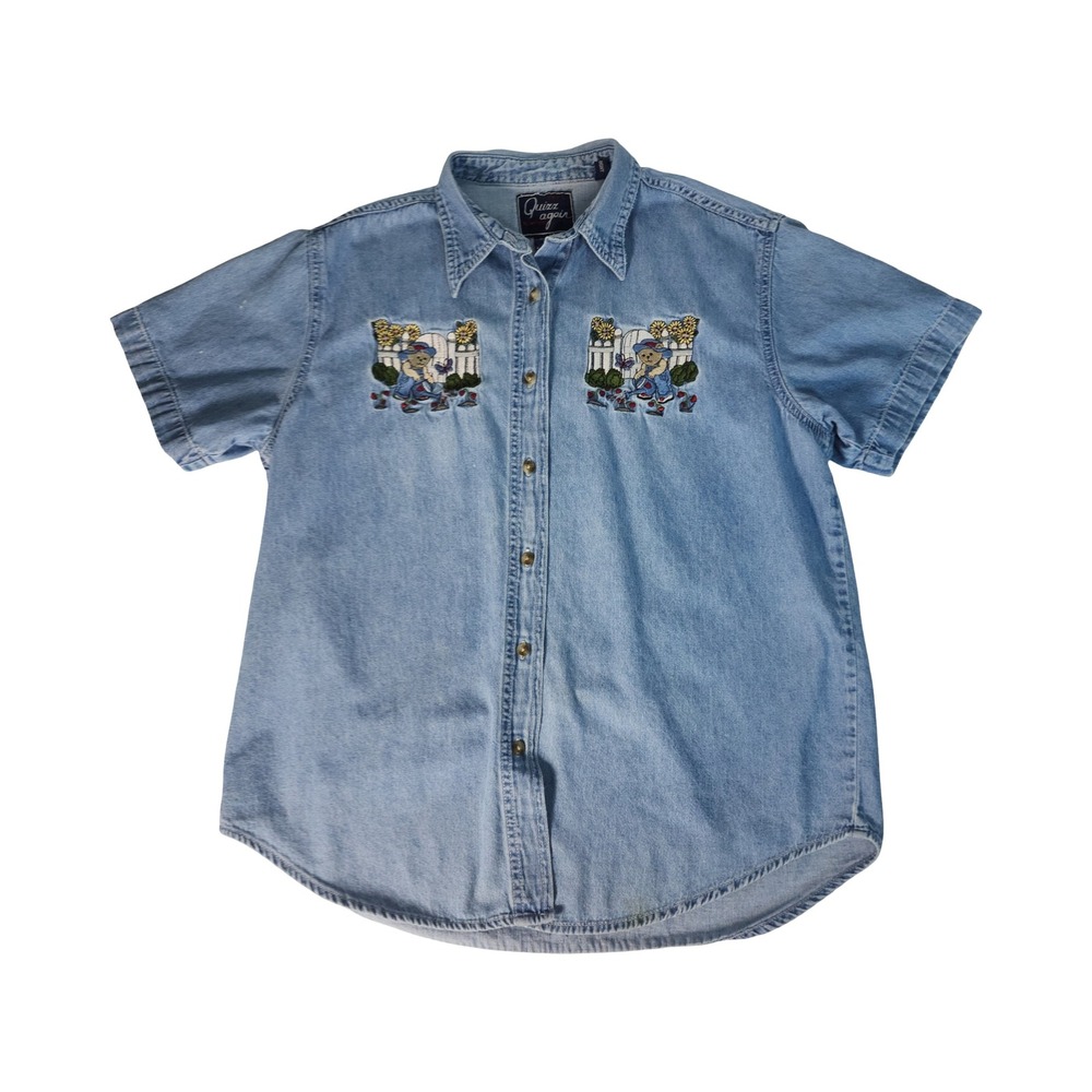 Quizz Again Women Large Denim Shirt Short Embroidered Gardening Bears